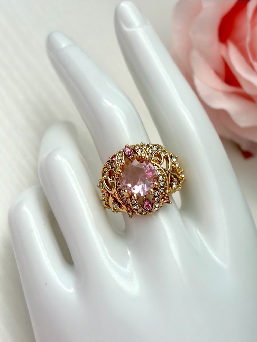 14K Gold Plated Pink Statement Ring Fantasy Floral Vintage Style